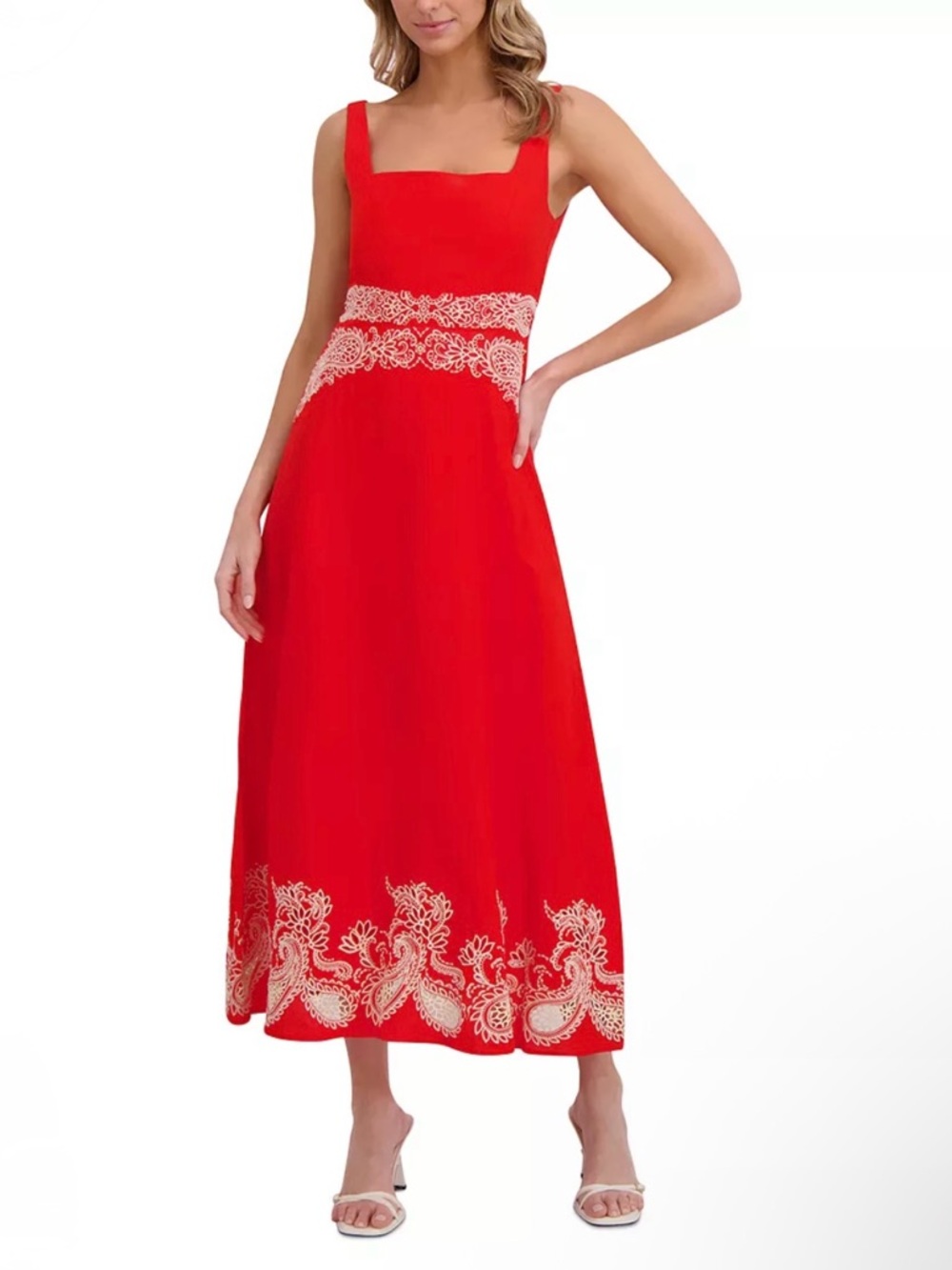 Ted Baker
Square Neck Embroidery Detail Midi Dress  Red Lace-Trim size 4